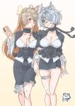  2girls :3 :o absurdres ahoge animal_ear_fluff animal_ears bandaid bandaid_on_face bandaid_on_nose blue_hair breasts brown_hair cellphone cleavage commentary elira_pendora elira_pendora_(wolf) english_commentary gradient_background highres holding holding_phone klara_charmwood klara_charmwood_(2nd_costume) large_breasts locked_arms looking_at_another molekingy multiple_girls nijisanji nijisanji_en phone pinstripe_pattern scarf short_hair skindentation smartphone thigh_strap virtual_youtuber wolf_ears 