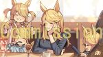  07nono06 4girls aged_up animal_ears black_sweater blonde_hair blue_sweater blush breasts closed_eyes commentary_request commission food gold_city_(umamusume) hair_ornament hairclip hand_on_own_cheek hand_on_own_face highres holding holding_spoon horse_ears horse_girl long_hair long_sleeves medium_breasts mother_and_child mother_and_daughter multiple_girls open_mouth parent_and_child parfait pink_shirt shirt smile spoon strawberry_parfait stroller sweater twintails umamusume 