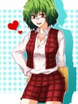  adapted_costume bespectacled breasts cleavage envelope glasses green_hair hand_on_hip heart kazami_yuuka large_breasts manila_envelope miniskirt mokku open_mouth pencil_skirt plaid plaid_background plaid_skirt plaid_vest red_eyes short_hair skirt skirt_set smile solo touhou vest 