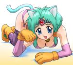  all_fours animal_ears aqua_hair bell blue_eyes blush boots breasts cat_ears cat_tail circlet cleavage elbow_gloves gloves haou_taikei_ryuu_knight large_breasts paffy_pafuricia panties paw_pose paws smile solo tail thighhighs ueyama_michirou underwear 