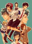  5boys agata_soujirou artist_request asahina_kikuno belt black_hair blonde_hair brown_eyes candy closed_eyes food fujisaki_yuusuke glasses hand_in_hair hand_in_pocket hockey_stick leaning_forward loafers lollipop looking_at_viewer multiple_boys multiple_girls necktie onizuka_hime open_mouth pleated_skirt profile red-framed_eyewear school_uniform shinba_michiru shoes short_hair simple_background sket_dance skirt sleeves_rolled_up sweater tsubaki_sasuke unyuu_mimori usui_kazuyoshi wristband 