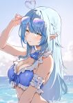  1girl adjusting_eyewear ahoge arm_up bikini blue_bikini blue_hair blue_streaks bow braid breasts choker cleavage closed_mouth colored_tips commentary_request day eyewear_on_head frilled_arm_strap frilled_bikini frills hair_bow heart heart_ahoge highres hololive large_breasts long_hair looking_at_viewer multicolored_hair namakatsu ocean official_alternate_costume outdoors pointy_ears side_braid smile solo streaked_hair sunglasses swimsuit upper_body virtual_youtuber white_bow white_choker yellow_eyes yukihana_lamy yukihana_lamy_(summer) 