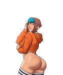  ass black_choker black_nails choker earrings hood hoodie jewelry looking_back micaela_lewis_(mrpotatoparty) mrpotatoparty multicolored_hair orange_hoodie original seductive_smile short_hair simple_background smile striped_clothes striped_thighhighs thighhighs thong two-tone_hair white_background yellow_eyes 