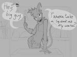 anthro biped buckteeth clothed clothing coin detailed_background dialogue femboy fingers fur gloves handwear hi_res jarnqk looking_at_viewer male mammal melee_weapon monochrome murid murine navel potion question_mark rat rodent solo speech_bubble sword tail teeth weapon