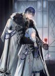  1boy 1girl black_hair blue_dress blue_hair breasts cleavage coat commentary dress english_commentary fatui_coat fatui_logo flower fur-trimmed_coat fur_trim gauntlets genshin_impact hair_between_eyes hair_bun hair_ornament height_difference highres holding holding_flower indoors looking_at_another medium_hair multicolored_dress odette_(genshin_impact) open_clothes open_coat parted_lips primaros_drip purple_eyes red_flower red_rose rose short_hair twitter_username valeriy_(genshin_impact) white_coat white_dress 