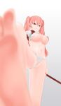  1girl absurdres areola_slip barefoot blurry blurry_foreground breasts depth_of_field dungeon_ni_deai_wo_motomeru_no_wa_machigatteiru_darou_ka feet foot_focus frills from_below hair_between_eyes heith_velvet highres holding holding_staff holding_weapon large_breasts long_hair looking_at_viewer navel panties pasties pink_eyes pink_hair pussy pussy_peek red_eyes shiyoru simple_background soles solo staff standing stepped_on stepping_on_viewer toes torn_clothes twintails underboob underwear weapon white_background white_panties 