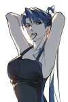  1girl adjusting_hair alternate_hair_length_(longer) arms_up backlighting black_tank_top blue_eyes collarbone commentary_request curtained_hair eun_haje eyes_visible_through_hair grey_eyes gwechul hair_intakes hair_tie hair_tie_in_mouth highres jcin_sojang korean_commentary mouth_hold ponytail shadow shirt sleeveless solo sunlight tank_top teeth teeth_hold tying tying_hair upper_body white_background 