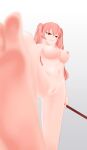  1girl absurdres angry anus barefoot blurry blurry_foreground breasts commentary_request completely_nude depth_of_field dungeon_ni_deai_wo_motomeru_no_wa_machigatteiru_darou_ka feet foot_focus from_below glaring gradient_background hair_between_eyes heith_velvet highres holding holding_weapon large_breasts long_hair looking_at_viewer navel nipples nude pink_eyes pink_hair polearm pussy red_eyes retrousse_breasts shiyoru simple_background soles solo standing stepped_on stepping_on_viewer toes twintails weapon white_background 