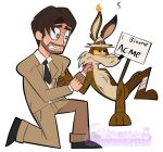 4_fingers 5_fingers accessory acme anthro artist_logo artist_name bandage beard bottomwear brown_body brown_fur brown_hair canid canine canis clothed clothed_human clothing coyote coyote_vs._acme duo facial_hair fingers footwear fur hair hi_res holding_another human kevin_avery logo looney_tunes male male/male mammal mixelfangirl100 necktie nude_anthro pants scratches shoes sign signature simple_background stubble suit suit_jacket tan_clothing tan_suit text toony warner_brothers white_background white_collared_shirt wile_e._coyote wounded yellow_sclera