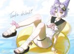  1girl animal_ears ankle_bow ankle_ribbon black_sailor_collar black_sandals blue_bow blue_eyes bow breasts character_name cloud commentary cone_hair_bun covered_navel double_bun duck_innertube fox_ears fox_girl frilled_one-piece_swimsuit frills goggles goggles_on_head hair_bow hair_bun hair_ears hair_intakes hair_ornament hair_rings hairclip heart heart-shaped_eyewear heterochromia highres horim1613 innertube leg_ribbon looking_at_viewer multicolored_hair multiple_hairclips neckerchief on_innertube one-piece_swimsuit open_mouth pink_neckerchief pink_ribbon purple_hair ribbon sailor_collar sandals short_hair small_breasts solo stellive streaked_hair swim_ring swimsuit tenko_shibuki thigh_strap thighs untranslatable_commentary virtual_youtuber water white_one-piece_swimsuit white_streaks x_hair_ornament yellow_bow yellow_eyes 