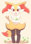2021 absurd_res ambiguous_anthro ambiguous_gender anthro biped blush blush_lines bodily_fluids braixen canid cute_fangs digital_media_(artwork) digitigrade dipstick_tail egg emanata fangs front_view generation_6_pokemon hi_res japanese_description mammal markings moduckten nintendo object_in_tail pokemon pokemon_(species) pokemon_egg simple_background solo standing stick stick_in_tail sweat sweatdrop tail tail_markings teeth translated_description