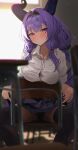  1girl absurdres alternate_costume arknights arknights:_endfield backlighting black_hairband black_horns black_panties black_thighhighs blue_skirt blurry blurry_foreground blush breasts button_gap chair clothes_lift commentary depth_of_field hairband highres horns indoors large_breasts lifting_own_clothes long_hair long_sleeves looking_at_viewer miniskirt panties parted_lips pink_eyes purple_hair shikyou_yoru shirt sitting skirt skirt_lift sleeves_rolled_up solo spread_legs thighhighs typhoeus_(arknights) typhon_(arknights) underwear white_shirt 