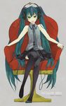  2009 alternate_color aqua_eyes aqua_hair armchair artist_name bangs bare_arms bare_shoulders black_footwear black_skirt boots bright_pupils cable chair character_name collared_shirt full_body gold_trim grey_background grey_neckwear grey_shirt half-closed_eyes hatsune_miku headphones long_hair long_legs looking_at_viewer miniskirt muted_color necktie no_detached_sleeves nozomi_(pixiv539126) on_chair outstretched_arms parted_hair pleated_skirt shirt simple_background sitting skirt sleeveless sleeveless_shirt slim_legs smile solo spread_arms thigh_boots thighhighs twintails very_long_hair vocaloid white_pupils wing_collar 