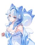  1girl ahoge animal_ears arahashi_tabi bare_shoulders blue_eyes blue_hair blue_jacket braid breasts cleavage closed_mouth commentary_request dress fake_animal_ears fake_tail flower frilled_dress frills hair_flower hair_intakes hair_ornament highres holding holding_poke_ball jacket korean_commentary large_breasts long_hair looking_at_viewer low_twin_braids open_clothes open_jacket poke_ball simple_background sleeveless sleeveless_dress solo stellive tail twin_braids upper_body virtual_youtuber white_background white_dress y0_niii 
