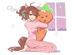  1girl absurdres ahoge animal_ears blush breasts brown_eyes brown_hair checkered_ribbon commentary_request dantsu_flame_(umamusume) drooling ear_covers ear_ribbon hair_between_eyes hairband highres holding horse_ears horse_girl horse_tail long_sleeves multicolored_hair open_mouth pajamas pants perdpersone pink_hairband pink_pajamas pink_pants pink_shirt seiza shirt sitting solo squeans stuffed_carrot tail umamusume white_hair 