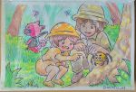  1girl 2boys :d animal animal_crossing artist_name bee beetle blue_eyes blush brown_eyes brown_hair bug bush butterfly butterfly_net chameleon child commentary_request crossover dress entomologist_(rhythm_tengoku) entomologist_daughter_(rhythm_tengoku) father_and_child father_and_daughter flick_(animal_crossing) forest grass hand_net hat helmet highres jungle moth multiple_boys nature open_mouth orange_skirt outdoors painting_(medium) pants parent_and_child pointing rhythm_tengoku rhythm_tengoku_miracle_stars route66_a3 shirt shoes short_hair short_sleeves shorts skirt smile squatting teeth traditional_media tree twitter_username wings 