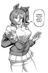  1girl animal_ears bow breasts cardigan cardigan_partially_removed cellphone character_doll collared_shirt commentary doll drill_hair drill_sidelocks ear_bow english_text hair_between_eyes highres holding holding_phone horse_ears horse_girl large_breasts long_hair_between_eyes long_sleeves looking_at_viewer missing_tail monochrome norn_ace_(umamusume) oguri_cap_(umamusume) open_cardigan open_clothes phone shirt side_drill sidelocks single_drill skindentation skirt smartphone solo speech_bubble sskai teeth thick_thighs thighhighs thighs umamusume umamusume:_cinderella_gray zettai_ryouiki 
