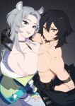  2girls arikindows10 black_background black_gloves black_hair blue_eyes breast_press breasts brown_eyes chinchilla_ears chinchilla_girl cleavage closed_mouth dia_(flex_frontline) from_above gloves highres large_breasts looking_at_viewer medium_breasts melody_horizon_(flex_frontline) multiple_girls open_mouth original smile symmetrical_docking toned toned_female topless_female white_hair yuri 