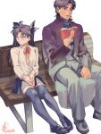  1boy 1girl black_jacket black_ribbon black_shoes black_skirt black_thighhighs book brown_hair commentary_request dated fate/stay_night fate_(series) hair_ribbon holding holding_book jacket kotomine_kirei long_hair long_sleeves miniskirt momoka_(abc_momoka0718) neck_ribbon on_bench open_book pants red_ribbon ribbon shirt shoes sitting skirt slap_mark slap_mark_on_face thighhighs tohsaka_rin white_shirt 