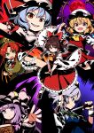  6+girls absurdres ascot bat_wings beret between_fingers black_bow black_ribbon blue_dress book bow braid brown_eyes brown_hair brown_shoes closed_mouth collared_shirt commentary_request crescent crescent_hat_ornament crystal crystal_wings detached_sleeves dress embodiment_of_scarlet_devil fang flandre_scarlet frilled_bow frilled_hair_tubes frilled_shirt_collar frills gohei green_eyes green_hat green_vest grimoire hair_bow hair_tubes hakurei_reimu hat hat_ornament hat_ribbon highres holding holding_gohei holding_knife holding_ofuda hong_meiling izayoi_sakuya knife limone_illust long_hair maid maid_headdress mob_cap multiple_girls neck_ribbon ofuda ofuda_between_fingers one_side_up open_mouth patchouli_knowledge pinafore_dress pink_dress pink_hat pink_shirt puffy_short_sleeves puffy_sleeves red_bow red_hat red_skirt red_vest remilia_scarlet ribbon ribbon-trimmed_sleeves ribbon_trim shirt shoes short_sleeves skin_fang skirt skirt_set sleeveless sleeveless_dress smile socks star_(symbol) star_hat_ornament touhou twin_braids vest white_hat white_shirt wings wrist_cuffs yellow_ascot 