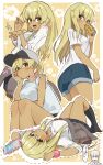  1girl baseball_cap black_skirt black_socks blonde_hair blue_shorts border brown_cardigan can cardigan cellphone commentary_request drinking floral_background grey_hat hat higa_kana highres holding holding_can holding_phone jujutsu_kaisen kanno_(kan_save) long_hair looking_at_viewer lying multiple_views okinawa_de_suki_ni_natta_ko_ga_hougen_sugite_tsurasugiru on_back open_mouth outline outside_border phone shirt shorts skirt smartphone socks tan unworn_cardigan white_border white_outline white_shirt zen'in_naoya 