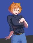  1girl alternate_breast_size_(larger) alternate_costume animal_ears belt black_sweater blue_pants breasts brown_belt casual closed_eyes commentary cowboy_shot denim english_commentary hair_between_eyes hand_rest hand_up highres horse_ears jeans large_breasts missing_headwear muradz open_mouth orange_hair pants short_hair sleeves_rolled_up smile solo sweater t.m._opera_o_(umamusume) taut_clothes taut_sweater turtleneck turtleneck_sweater umamusume 