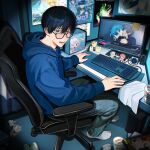  1boy black_eyes black_hair blue_hair blue_hoodie blush can chair character_request chopsticks computer computer_keyboard computer_mouse copyright_request cup desk drink_can figure full_body gaming_chair glasses highres hikaru_ga_shinda_natsu hood hood_down hoodie indoors kiss long_sleeves looking_at_viewer male_focus messy_room monitor nissin_cup_noodle office_chair open_mouth pants poster_(object) short_hair sitting socks solo spenixthebig sweat swivel_chair tissue tissue_box trash_can tsujinaka_yoshiki used_tissue white_socks 