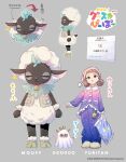  1girl :3 absurdres animal_ears arrow_(symbol) artist_name bell bird blue_eyes blue_pajamas blue_pants blush bow brown_hair buttons character_name closed_eyes closed_mouth commentary_request copyright_name copyright_notice double_bun ear_tag fluffy frilled_pillow frilled_shirt_collar frills full_body fur_trim grey_background hair_bun hat highres holding holding_pillow logo long_sleeves looking_at_viewer motion_lines multiple_views nakamori_kemuri neck_bell nightcap open_mouth original owl pajamas pants pillow pink_pajamas pink_shirt purple_pants reference_sheet sheep sheep_ears shirt short_hair simple_background slippers standing star_(symbol) star_print striped_clothes striped_headwear vest 