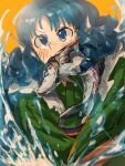  >_< 1girl blue_eyes blue_hair blush c0sse commentary_request drill_hair drill_sidelocks fins fish fish_in_mouth frilled_kimono frills green_kimono head_fins highres japanese_clothes kimono medium_hair merfolk mermaid monster_girl obi obijime orange_background sash sidelocks simple_background solo splashing touhou wakasagihime water water_drop 