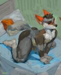 absurd_res all_fours anthro balls bed black_nose brown_body brown_fur brown_hair canid canine dipstick_tail flaccid foreskin fur furniture genitals grey_balls grey_body grey_fur grey_penis grey_tail hair hi_res humanoid_genitalia humanoid_penis male male_anthro mammal markings narrowed_eyes nude on_bed orange_ears orange_eyes orange_sclera orange_tail oselotti penis pillow short_hair signature slim_anthro slim_male solo tail tail_markings white_body white_fur white_tail
