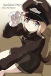  adjusting_clothes adjusting_hat bad_id bad_pixiv_id bare_legs blonde_hair blue_eyes erica_hartmann hat kisetsu long_sleeves looking_up military military_uniform no_pants peaked_cap short_hair sitting solo strike_witches uniform world_witches_series 