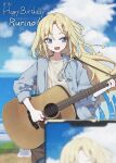  1girl acoustic_guitar blonde_hair blue_eyes blue_hair character_name cloud cloudy_sky commentary_request dated day fang gradient_hair guitar happy_birthday highres holding holding_guitar holding_instrument instrument long_hair love_live! love_live!_hasu_no_sora_jogakuin_school_idol_club multicolored_hair ocean open_mouth osawa_rurino outdoors playing_guitar playing_instrument sio_pasta sky smile solo 
