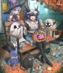  2girls absurdres artist_name bakjwi_(lilpa) bandage_on_face bandaged_head bandages bat_(animal) belt bench black_belt black_cat black_choker blue_hair blue_pants boots breasts brown_jacket candy cat choker cleavage commentary cosplay crop_top denim dress eating fence food fur_trim ghost ghost_costume grey_shirt halloween halloween_bucket halloween_costume hat high_heels highres holding holding_candy holding_food holding_lollipop ine_(waktaverse) isegye_idol jack-o'-lantern jacket jeans korean_commentary large_breasts leaf lilpa lollipop long_hair midriff multicolored_hair multiple_girls musm0412 navel on_bench orange_eyes pants park_bench purple_dress purple_eyes purple_hair shadow sheet_ghost shirt shoes sitting smile streaked_hair sweatdrop swirl_lollipop thigh_boots twintails virtual_youtuber waktaverse witch witch_hat woowakgood woowakgood_(cosplay) 