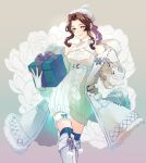  1girl absurdres aerith_gainsborough aerith_gainsborough_(fairy_of_snowfall) aqua_nails bare_shoulders blue_thighhighs boots braid braided_ponytail breasts brown_hair cable_knit christmas_present cleavage_cutout closed_mouth clothing_cutout coat coat_partially_removed commentary_request corsage demi_co dress feet_out_of_frame final_fantasy final_fantasy_vii final_fantasy_vii:_ever_crisis fingerless_gloves fur-trimmed_coat fur-trimmed_thigh_strap fur_trim gift gloves green_eyes grey_background hair_ribbon hat highres knit_sweater long_coat looking_at_viewer medium_breasts nail_polish off_shoulder official_alternate_costume parted_bangs red_ribbon ribbed_socks ribbon short_dress sidelocks single_braid smile snowflake_brooch socks solo standing sweater sweater_dress thigh_boots thigh_strap thighhighs thighhighs_under_boots white_boots white_coat white_gloves white_hat winter_clothes winter_coat 