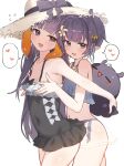  2girls :d absurdres bikini black_one-piece_swimsuit blunt_bangs bob_cut bow breasts casual_one-piece_swimsuit chocosong cleavage commentary covered_navel dual_persona flower flying_sweatdrops frilled_bikini frilled_one-piece_swimsuit frills from_side grabbing_another's_breast grabbing_from_behind gradient_hair grey_bikini groping hair_flower hair_ornament hair_ribbon hat hat_bow heart heart_in_eye highres hololive hololive_english long_hair looking_at_viewer mole mole_under_eye multicolored_hair multiple_girls navel ninomae_ina'nis ninomae_ina'nis_(holonatsu_paradise) ninomae_ina'nis_(tracing_tide_memories) official_alternate_costume one-piece_swimsuit open_mouth orange_hair pointy_ears purple_eyes purple_hair ribbon sarong see-through_clothes see-through_sarong short_hair sidelocks simple_background small_breasts smile spoken_heart standing stomach straw_hat sun_hat swimsuit symbol_in_eye takodachi_(ninomae_ina'nis) tentacle_hair untranslatable_commentary very_long_hair virtual_youtuber white_background 