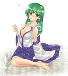  bad_id bad_pixiv_id barefoot blush bottle breasts cleavage cup detached_sleeves drunk feet green_hair kochiya_sanae large_breasts long_hair no_bra open_clothes open_shirt shirt solo takemori_shintarou touhou yellow_eyes 