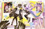  2girls absurdres arknights arknights:_endfield bare_shoulders black_coat black_hair black_horns black_overskirt black_pantyhose black_thighhighs blindfold_mask blue_flower book breasts chinese_commentary cloak coat commentary_request demon_girl demon_horns detached_sleeves endministrator_(arknights) female_endministrator_(arknights) flower framed_breasts full_body hannhi_1005 headgear headlamp highres hood hood_down hooded_cloak horns knees_together_feet_apart large_breasts low_twintails lying mask medium_breasts multiple_girls on_back on_side open_book out_of_frame overskirt pantyhose pantyhose_under_shorts photo_(object) pointing pov pov_hands purple_eyes purple_hair ringlets safety_pin short_hair shorts sticky_note sweater tail thighhighs twintails typhoeus_(arknights) typhon_(arknights) white_sweater 