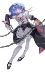  1girl absurdres apron black_dress black_sleeves blue_eyes blue_hair blurry blurry_foreground closed_mouth commentary detached_sleeves dress english_commentary flail glowing guignol highres holding holding_flail holding_weapon looking_at_viewer maid maid_apron maid_headdress pantyhose re:zero_kara_hajimeru_isekai_seikatsu rem_(re:zero) short_hair simple_background solo waist_apron weapon white_apron white_background white_pantyhose 