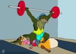 2023 anthro backwards_baseball_cap backwards_hat balls baseball_cap big_balls big_penis blue_baseball_cap bottomwear brown_body brown_fur bulge canid canine clothing colored crocodile crocodilian dated detailed_bulge duo exercise fox fur genital_outline genitals green_body green_skin hat headgear headwear jock lying male male/male mammal muscular muscular_male on_back on_ground open_mouth orange_body orange_fur pants penis penis_outline pink_clothing pink_shirt pink_topwear reptile scalie sharp_teeth shirt shorts size_difference tail teeth text tongue tongue_out topwear url weightlifting whitecolt_productions workout