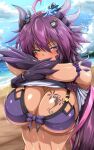 absurdres ahoge bikini bikini_top_under_shirt bikini_under_clothes blue_eyes blush bouncing_breasts breast_tattoo breasts captain_america commentary_request dragon_claw dragon_girl dragon_horns flower_tattoo g_(genesis1556) green_eyes hair_between_eyes heterochromia highres horns large_breasts lily_(g_(genesis1556)) long_hair looking_at_viewer marvel monster_girl motion_lines multicolored_hair orca original purple_hair scales shark swimsuit tattoo thor_(marvel) two-tone_hair undressing upper_body very_long_hair 