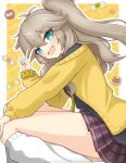  1girl :d absurdres bandaid black_shirt blue_eyes blue_nails blush brown_hair cardigan commentary_request fang feet_out_of_frame fingernails highres kasukabe_tsumugi long_hair long_sleeves looking_at_viewer loose_socks miniskirt one_side_up open_cardigan open_clothes open_mouth plaid_clothes plaid_skirt purple_skirt shirt shonasan skirt smile socks solo v voicevox white_socks yellow_cardigan 
