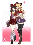  2girls alternate_costume armband bag black_thighhighs blonde_hair blush boots bow bowtie brown_bag brown_boots cardigan chinese_commentary closed_mouth collared_shirt commentary_request contemporary frilled_bow frilled_hair_tubes frills full_body hair_bow hair_tubes hakurei_reimu highres jacket long_hair multiple_girls open_cardigan open_clothes open_jacket plaid_clothes plaid_skirt purple_skirt red_armband red_bow red_cardigan red_skirt school_uniform shirt shoes skirt socks thighhighs touhou white_shirt white_socks yakumo_yukari yakumo_yukari_(axolotl) yellow_bow yellow_bowtie yellow_jacket yuri zi_ziyuan_zuhsjsh 