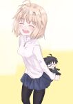  1girl absurdres antenna_hair arcueid_brunestud arms_behind_back black_pantyhose blonde_hair blue_skirt blush breasts commentary_request facing_viewer from_above highres holding holding_stuffed_toy jewelry kdoamber miniskirt necklace open_mouth pantyhose plaid_clothes plaid_skirt school_uniform short_hair sidelocks single_hair_intake skirt smile solo souya_high_school_uniform stuffed_toy sweater teeth tohno_shiki tsukihime tsukihime_(remake) turtleneck turtleneck_sweater upper_teeth_only white_sweater 