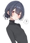  1girl ? absurdres black_hair black_sweater blush commentary_request flat_chest hair_bun highres idolmaster idolmaster_shiny_colors looking_at_viewer morino_rinze ponpokotanutan1 red_eyes simple_background single_hair_bun solo spoken_question_mark sweater turtleneck turtleneck_sweater upper_body white_background 