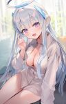 1girl :d aria_(ariacue) blue_archive blunt_bangs blurry blurry_background breasts cleavage collared_shirt day dress_shirt grey_hair halo hand_up headphones highres indoors large_breasts long_hair long_sleeves looking_at_viewer mechanical_halo naked_shirt noa_(blue_archive) open_mouth shirt sitting smile solo very_long_hair white_shirt yokozuwari 