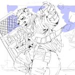 1:1 2026 absurd_res anthro arknights claws clothing collar daihachi_9076 fingerless_gloves gloves hair handwear hi_res holding_object holding_shield hyena hypergryph jacket looking_away male mammal riot_shield shield shirt sketch solo spot_(arknights) spotted_hyena standing studio_montagne tail topwear