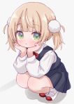  1girl black_dress blonde_hair blush commentary_request dress expressionless green_eyes hair_ornament head_rest highres indie_virtual_youtuber looking_at_viewer pinafore_dress pom_pom_(clothes) pom_pom_hair_ornament shigure_ui_(vtuber) shigure_ui_(young)_(vtuber) shirt short_hair simple_background sleeveless sleeveless_dress smile socks solo squatting takatsurt twintails virtual_youtuber white_shirt white_socks 