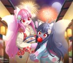absurd_res anthro apple asian_clothing big_tail black_hair blue_clothing blue_kimono candy candy_apple canid canine clothing dakeneshi dessert duo east_asian_clothing eating embarrassed excited feeding_another female female/female festival fireworks floral_pattern flower_hair_accessory fluffy fluffy_tail food food_stand fox fruit fur furisode glomp grey_body grey_fur hair hi_res holding_food holding_object inner_ear_fluff japanese_clothing kemono kimono long_hair mammal markings mottled new_year_2024 piebald pink_body pink_fur pink_hair plant red_eyes shocked tail tail_markings tuft white_body white_fur yukata