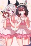  2girls animal_ears bare_shoulders blush bow braid braided_sidelocks breasts brown_hair character_doll closed_mouth clothing_cutout commentary_request cropped_shirt curren_bouquetd'or_(umamusume) curren_chan_(umamusume) doll ear_bow ear_covers grey_eyes grey_hair hair_between_eyes hairband highres holding holding_doll horse_ears horse_girl horse_tail layered_skirt long_hair looking_at_viewer low_twin_braids meni_shuki_rush-sshu! mismatched_ear_covers mmntmr_x multicolored_hair multiple_girls open_mouth pink_shirt pink_skirt purple_eyes red_bow shirt short_hair shoulder_cutout sidelocks skirt smile streaked_hair tail twin_braids umamusume very_long_braid white_streaks 