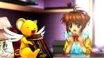  angel_wings angry apron blush brown_hair cardcaptor_sakura chocolate chocolate_bar closed_eyes eating green_eyes indoors kero kinomoto_sakura kitchen mutsuki_(moonknives) non-web_source open_mouth short_hair window wings 